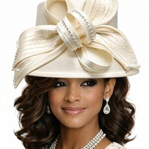 Elegant Ivory Satin Statement Church Hat w/ Crystal Bow Detail